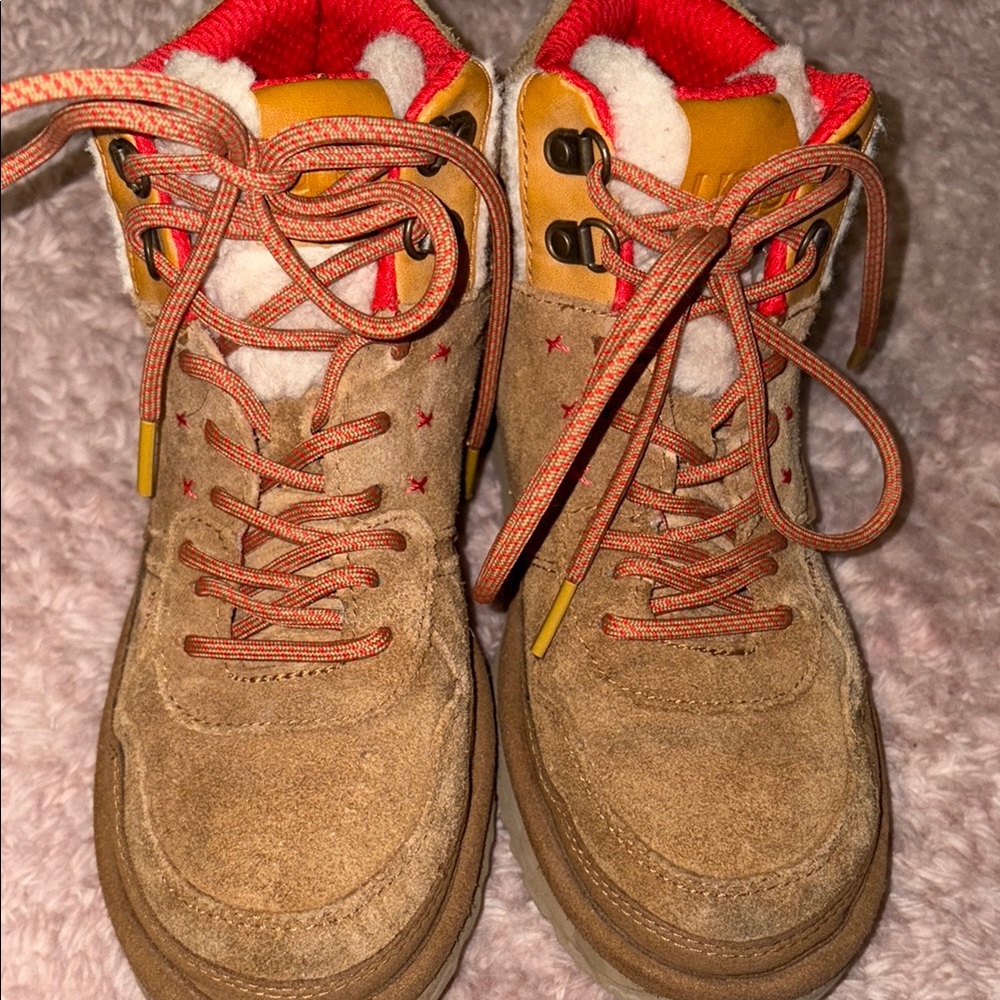 UGG Tan Suede Boots with Red and Orange Accents